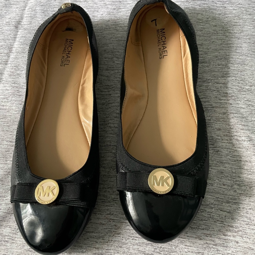Michael Kors Black Patent Flats with Gold Logo